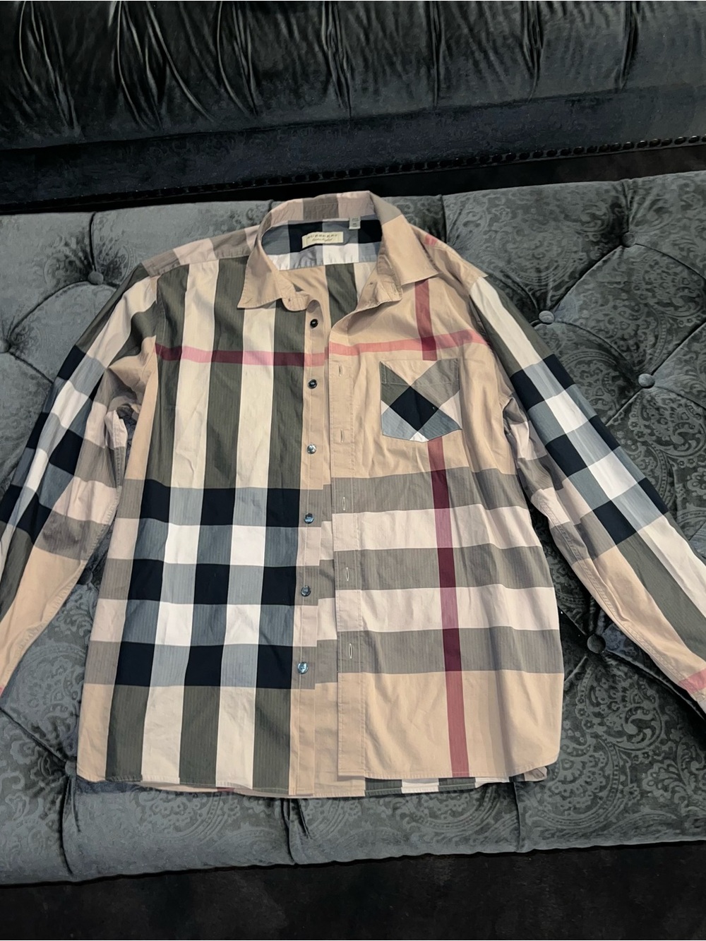 Burberry Men's Classic Beige Plaid Button-Down Shirt with Black & Red Accents